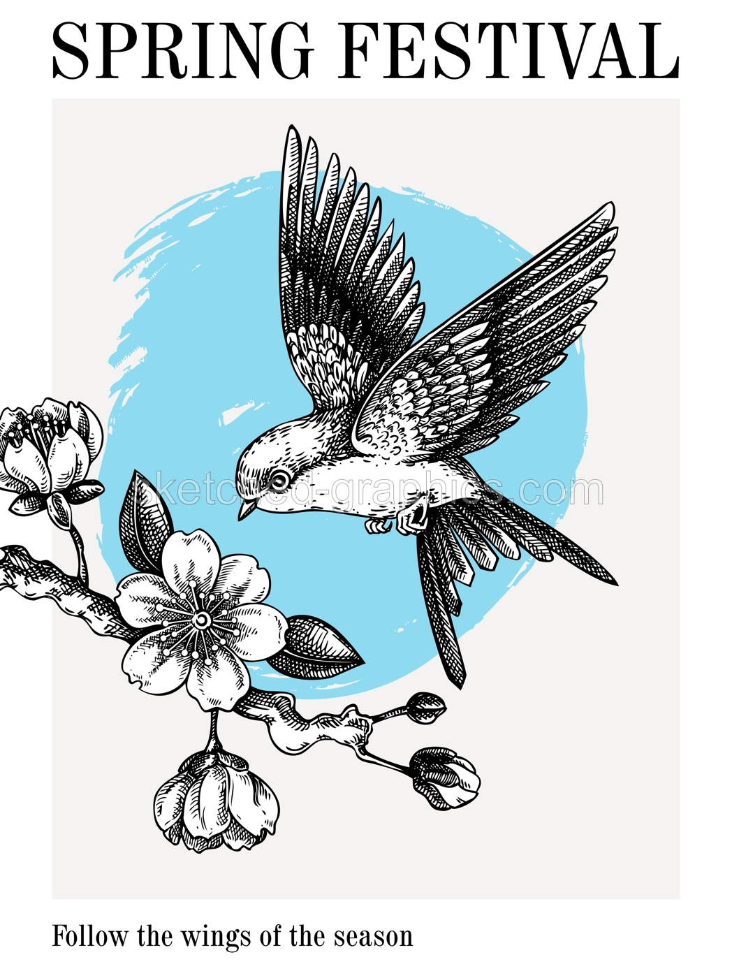 Collage style spring poster template. Japanese art. Sakura, blooming cherry, flying bird hand-drawn illustration. Vector floral design for print. NOT AT generated Illustration